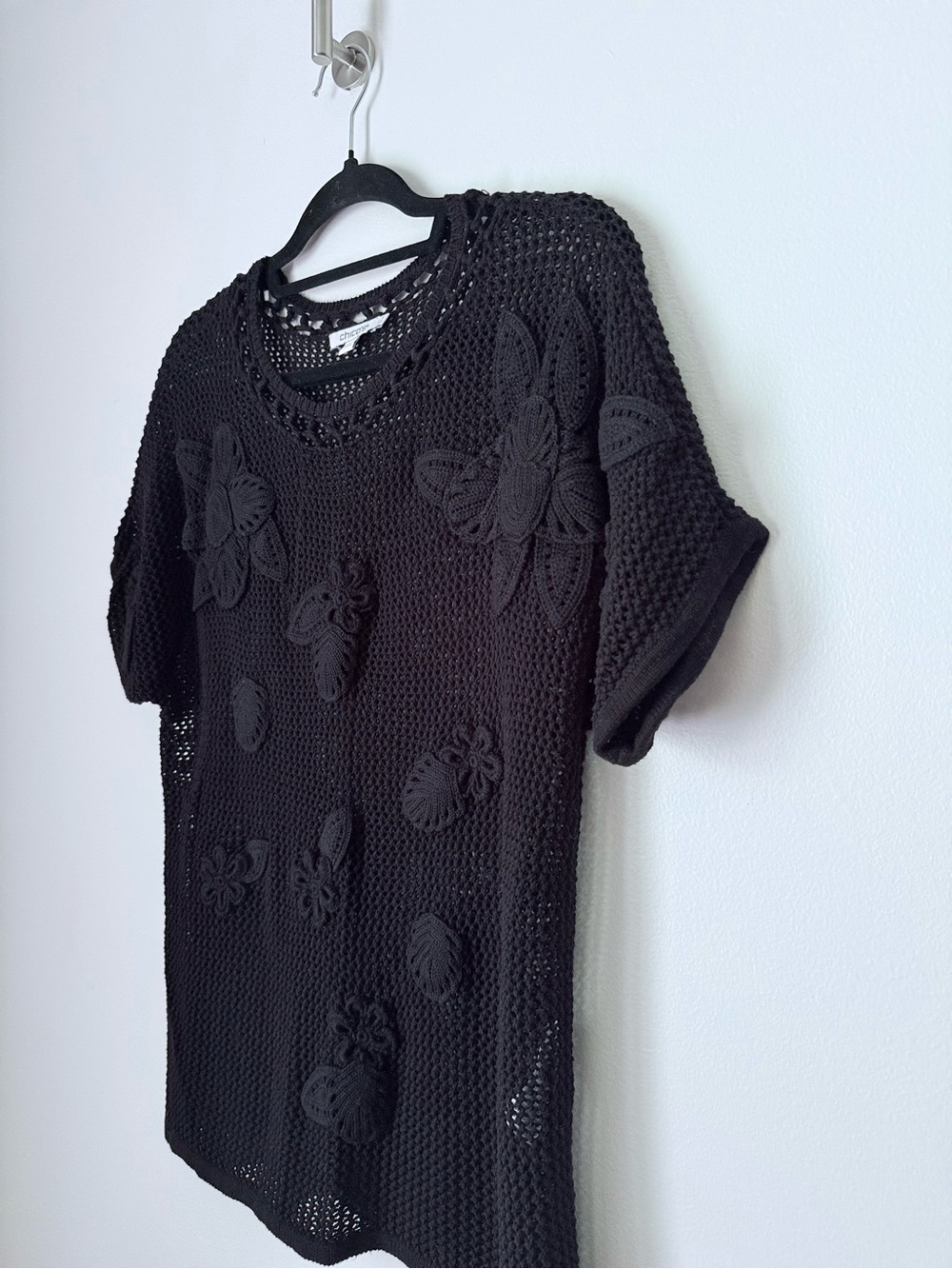 Chico's Black Crochet Knit Short Sleeve Sweater Floral Applique Boho Mesh Sz S - Picture 2 of 7